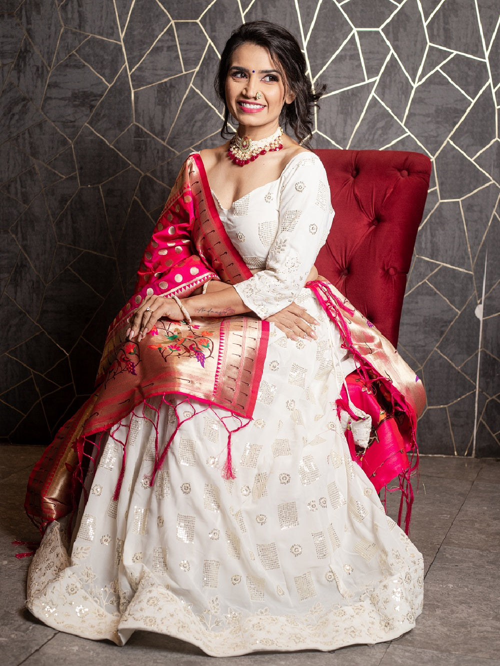 White Color Sequins And Thread Embroidery Work Georgette Lehenga Choli With Jacquard Dupatta