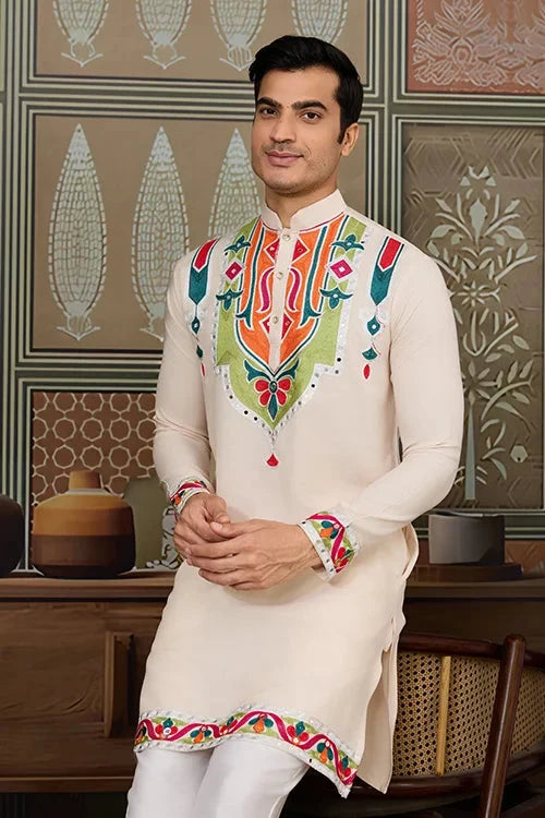 Cream Embroidered Festival Wear Kurta for Men