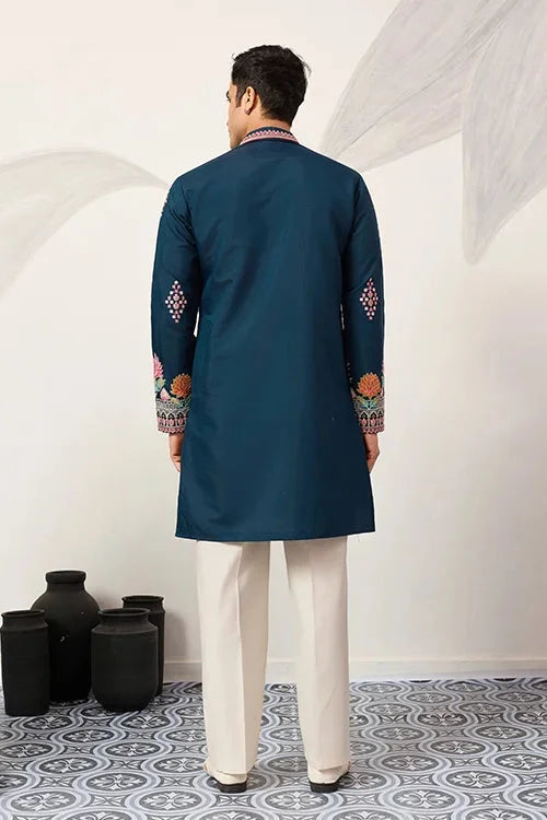 Indian Wedding Style Exclusive Teal Blue Kurta for Mens