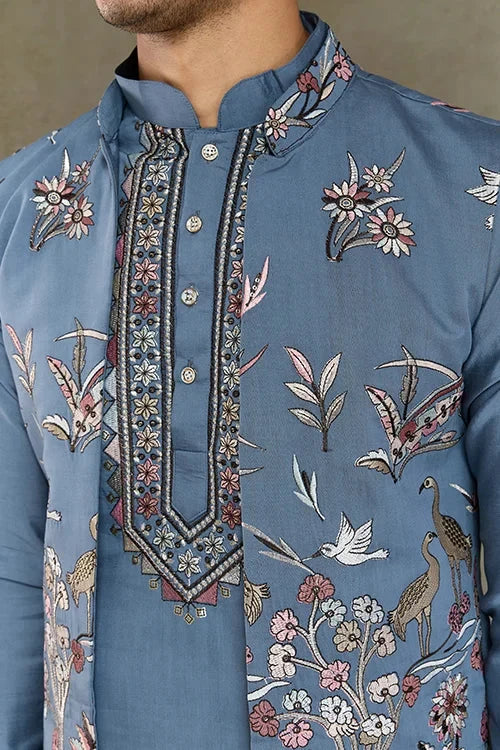 Blue Gray Open Koti Style Full Kurta Pajama Set for Men