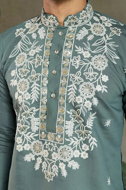 Pastel Pista Viscose Silk Embroidered Kurta for Men
