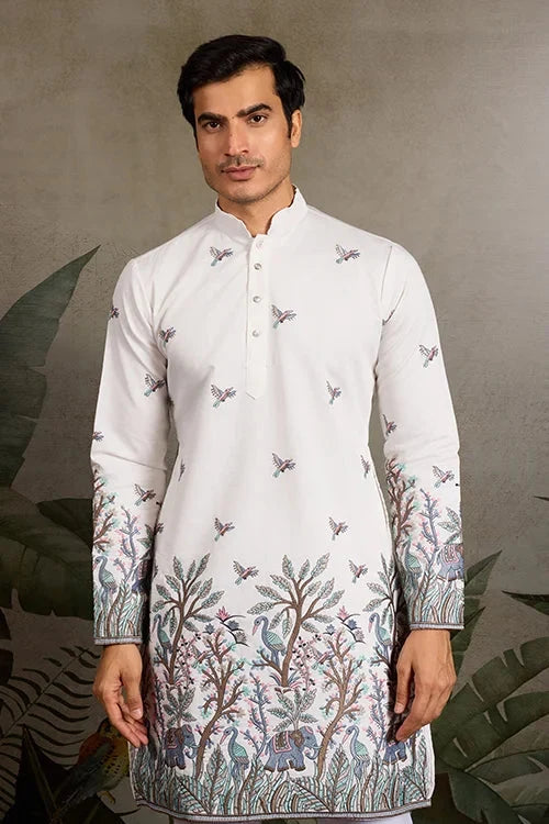 White Embroidered Work Kurta for Groom Wedding Look