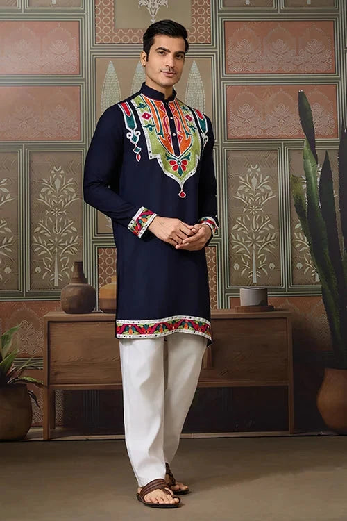Navy Blue Embroidered Festival Wear Kurta for Men