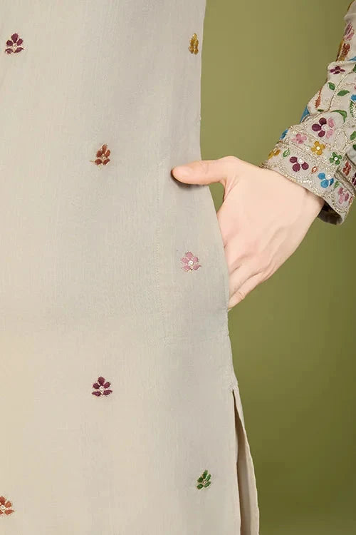 Ivery Color Embroidered Work Cotton Kurta for Men
