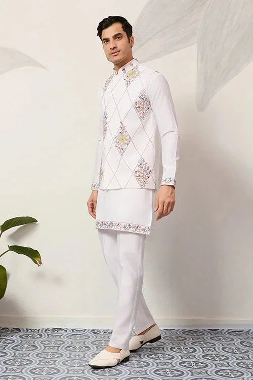 Elegant Wedding Special White Koti Kurta Pajama Set