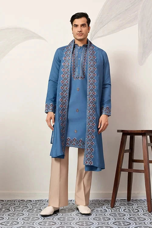 Wedding Royal Look Blue Kurta with Dupatta for Mens Wear