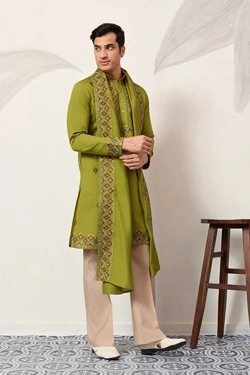 Classic Wedding Fluorescent Green Mens Wear Kurta with Dupatta