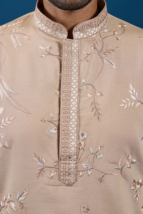 Elegant Beige Embroidered Viscose Silk Kurta for Mens