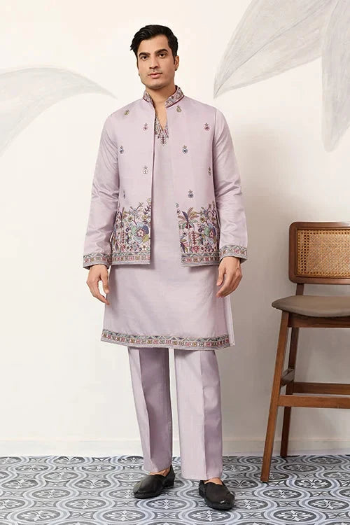 Indian Traditional Dusty Lavender Koti Kurta Pant Wedding Set