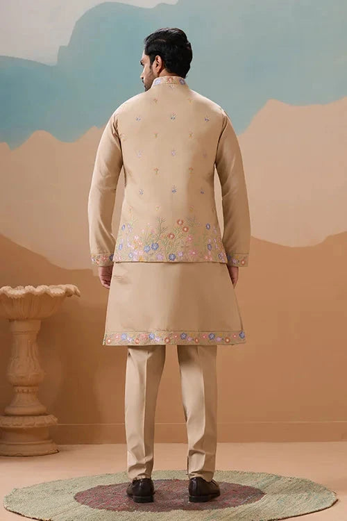 Celebration Beige Kurta Koti Pant Wedding Outfit for Men