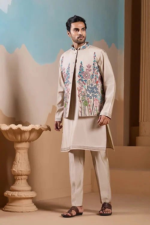 Elegant Fashionable Beige Koti Kurta Set for Mens Wear
