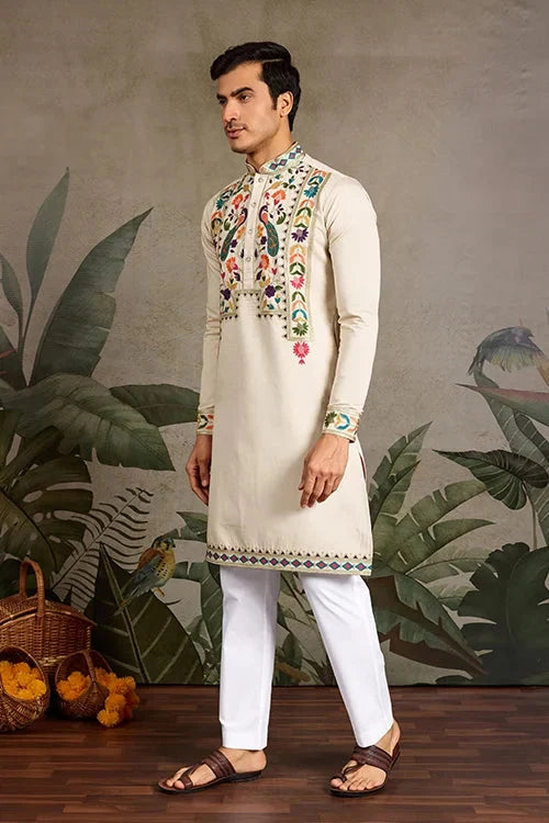 Beige Color Special Embroidered Kurta for Mens Wear
