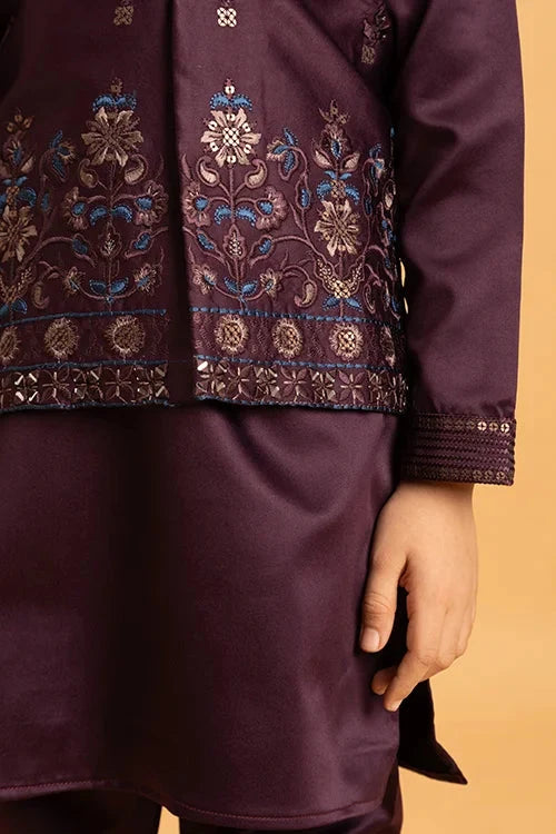 Purple Mirror Work Koti Kurta Set for Boys