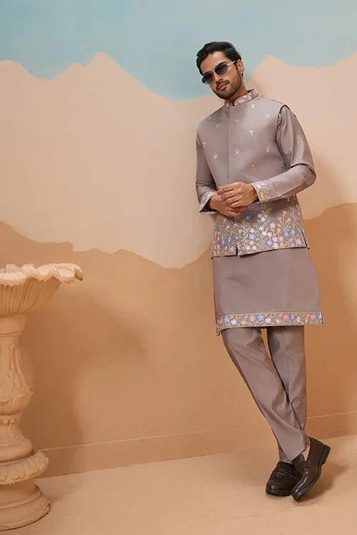 Elegant Grey Embroidered Koti Kurta Pant for Mens