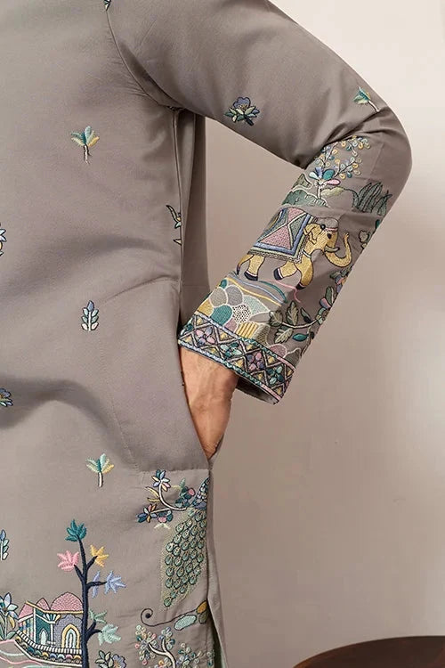 Wedding Traditional Look Grey Kurta for Mens Wear
