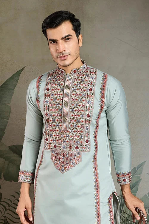 Traditional Sky Blue Embroidered Kurta Pajama Set