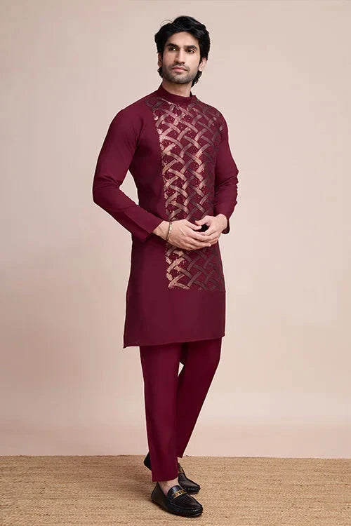Traditional Embroidered Maroon Silk Kurta for Men