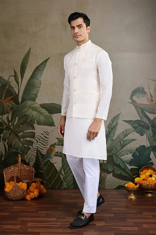 White Roman Silk Kurta with Jacquard Koti Jacket
