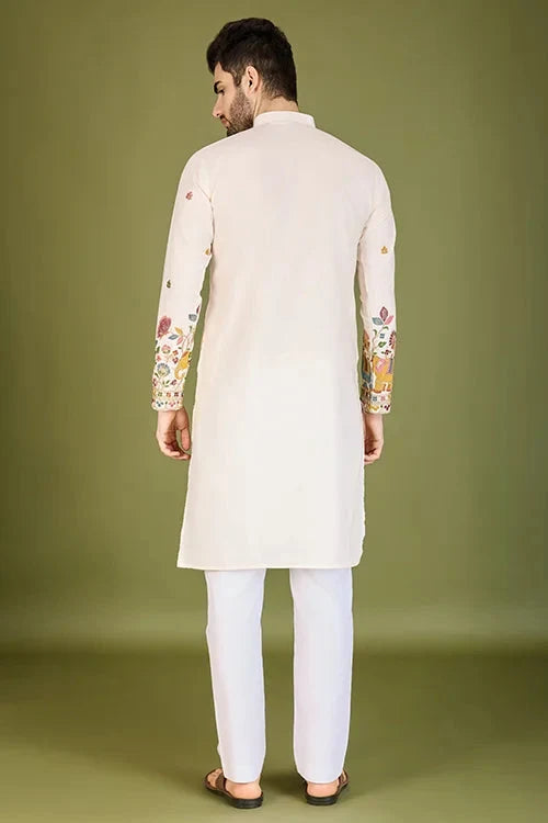 White Color Heavy Embroidered with Cotton Mens Wear Kurta