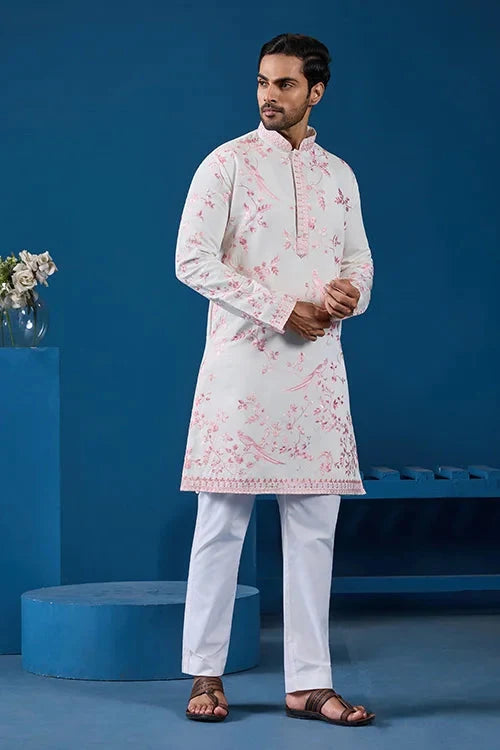 Classic White Viscose Silk Festive Kurta for Mens
