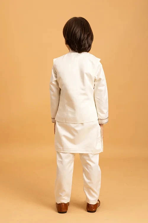 Premium White Mirror Work Koti Kurta Set for Boys