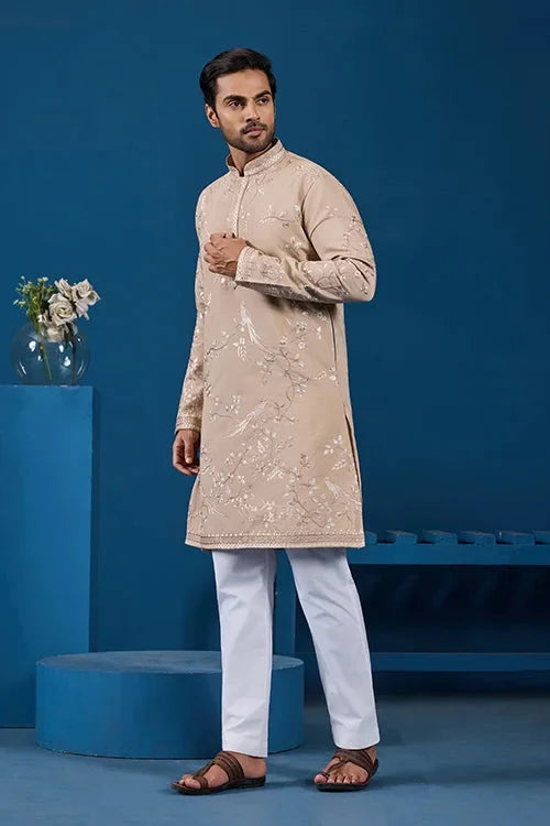 Elegant Beige Embroidered Viscose Silk Kurta for Mens