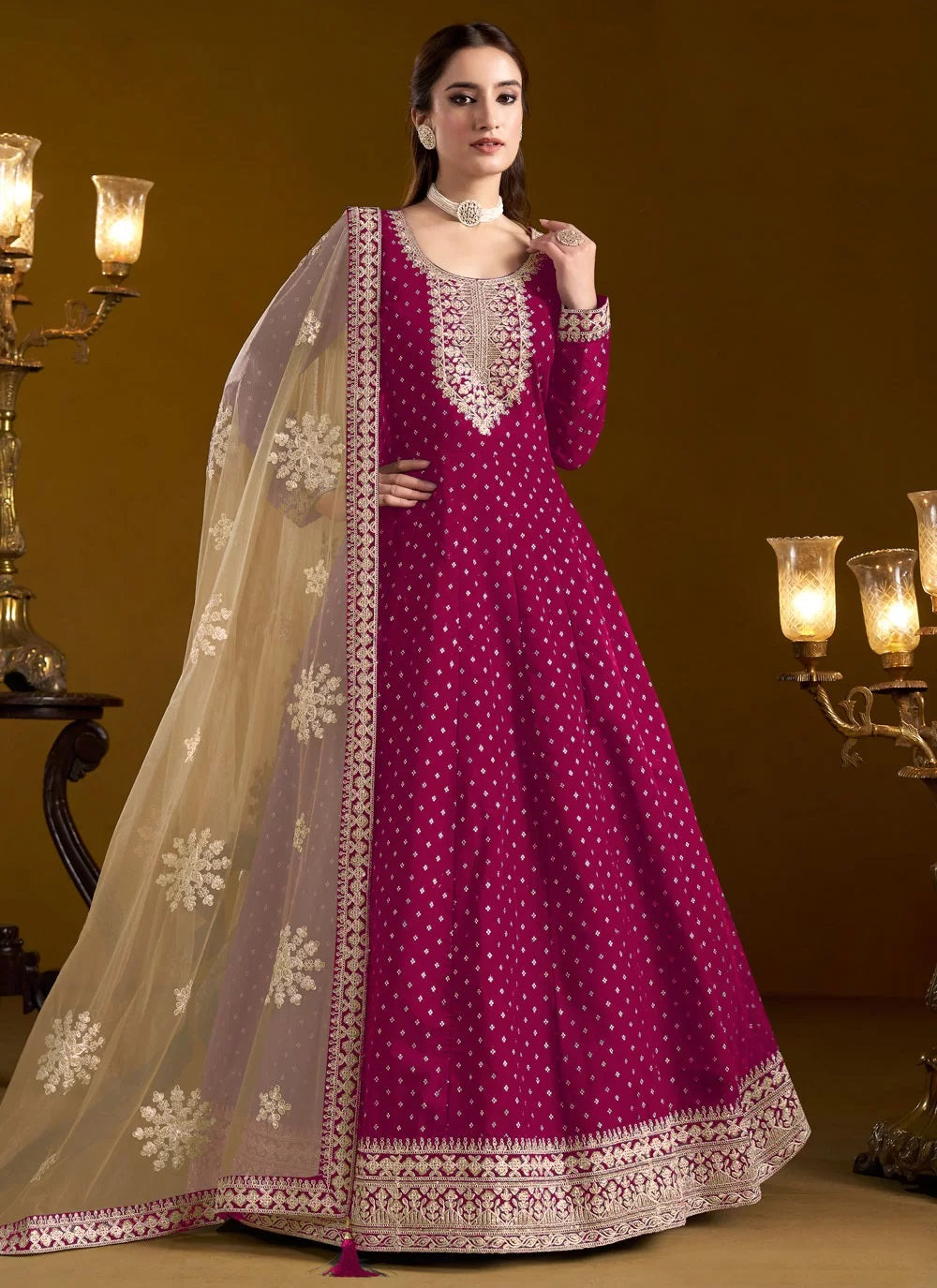 Rani chanderi long anarkali gown with dupatta