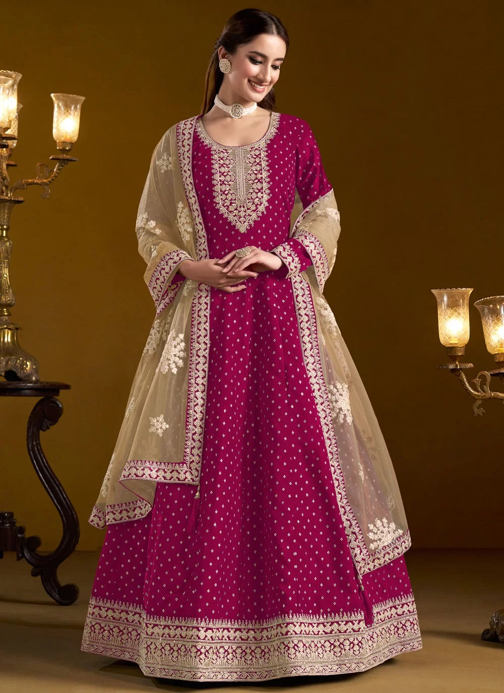 Rani chanderi long anarkali gown with dupatta