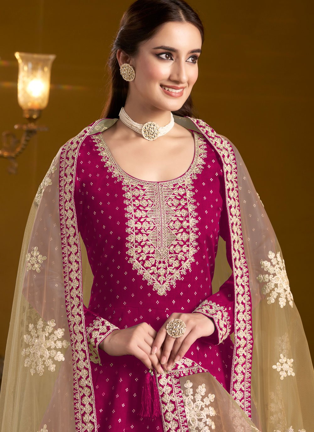 Rani chanderi long anarkali gown with dupatta