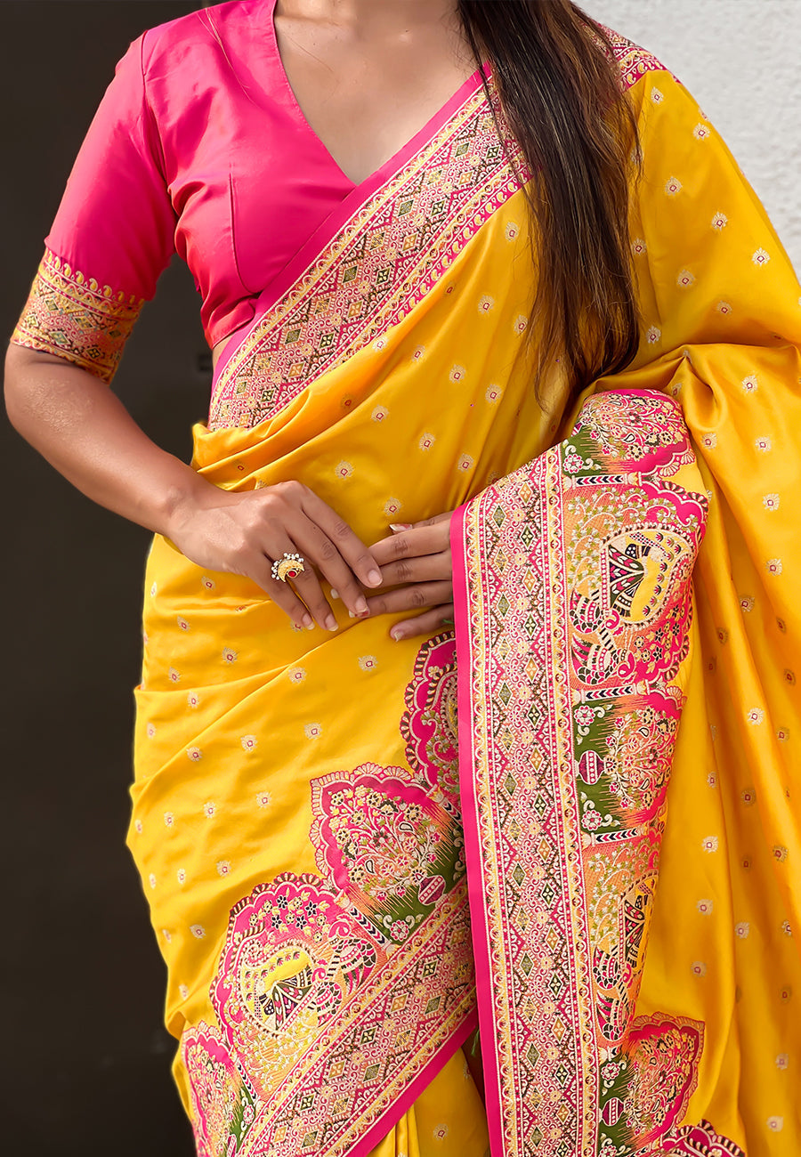 Mustard pashmina darbari silk saree with traditional zari weaving