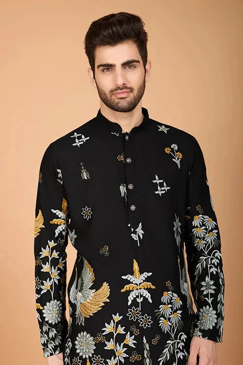 Black Designer Viscose Rayon Men's Kurta