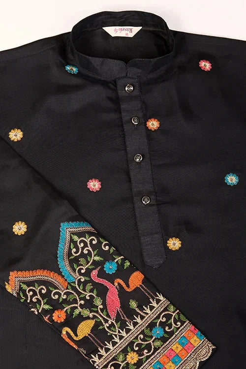Black Viscose Silk Men's Designer Kurta