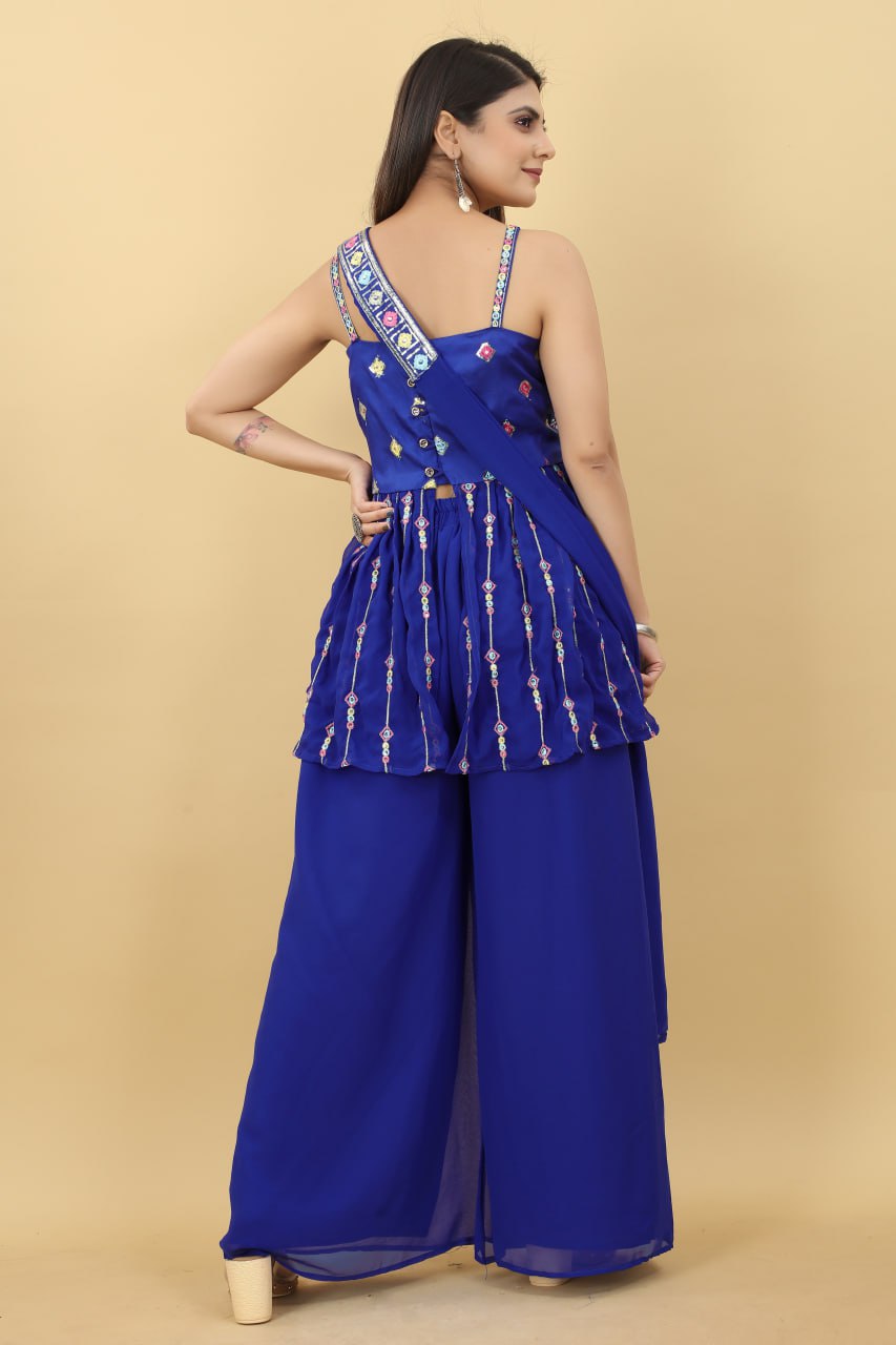 Trendy Blue Color Thread Sequence Sharara Suit
