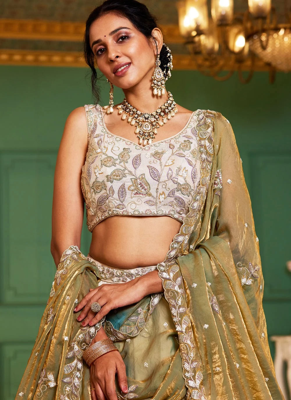 Trendy green tissue sequins embroidered mehendi lehenga choli set with viscose dupatta