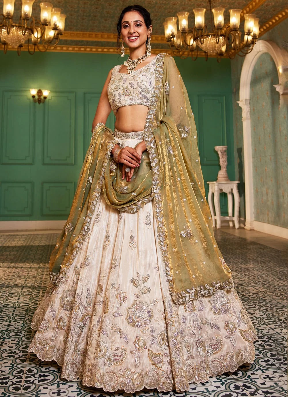 Trendy green tissue sequins embroidered mehendi lehenga choli set with viscose dupatta
