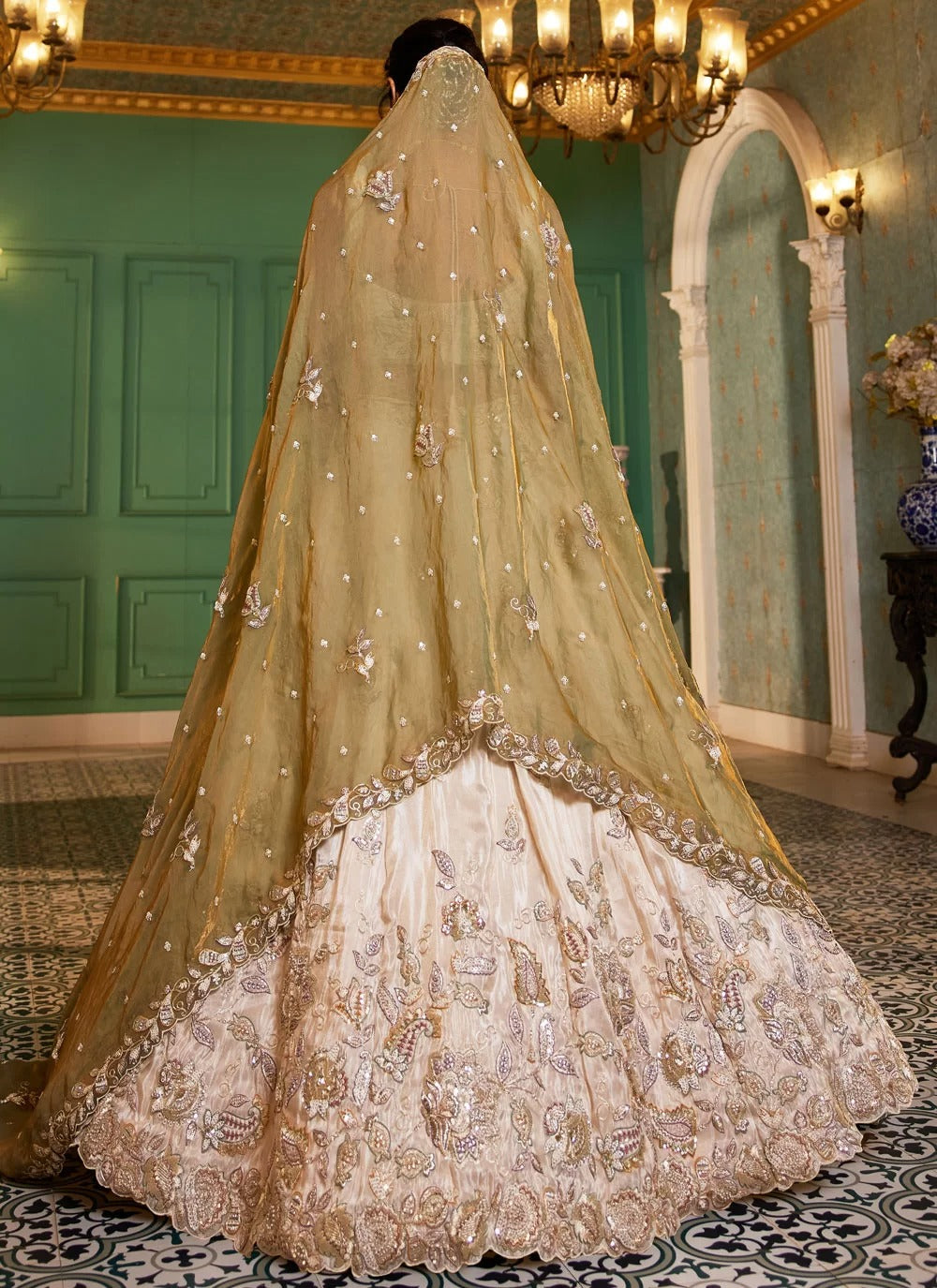 Trendy green tissue sequins embroidered mehendi lehenga choli set with viscose dupatta