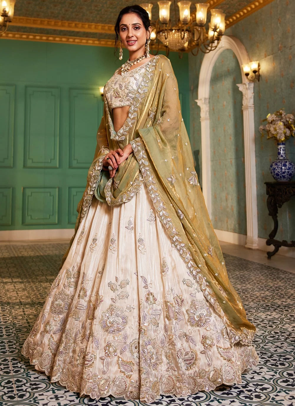 Trendy green tissue sequins embroidered mehendi lehenga choli set with viscose dupatta