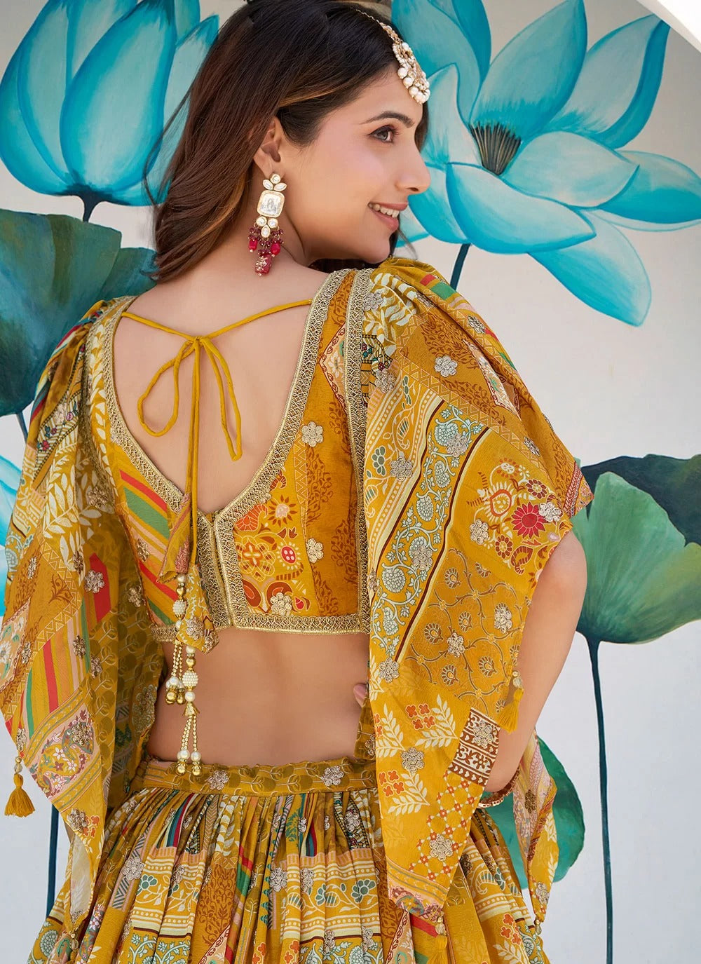 Trendy yellow chinnon silk embroidered lehenga choli with chiffon dupatta for women