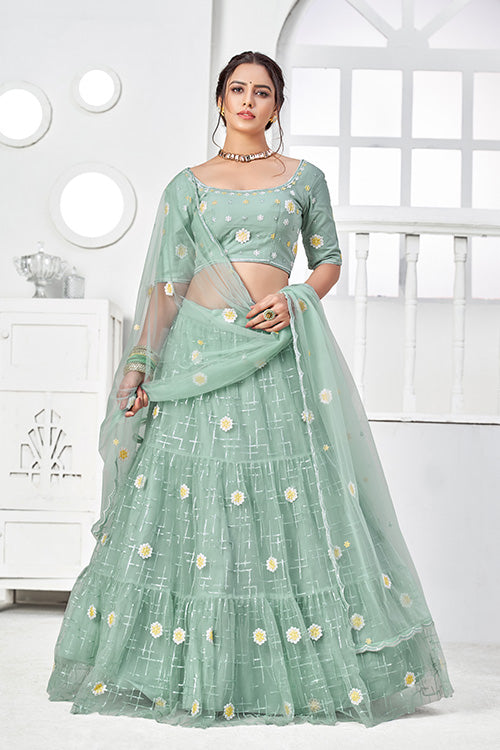 Turquoise Green Net Thread with Sequins Embroidered Lehenga Choli