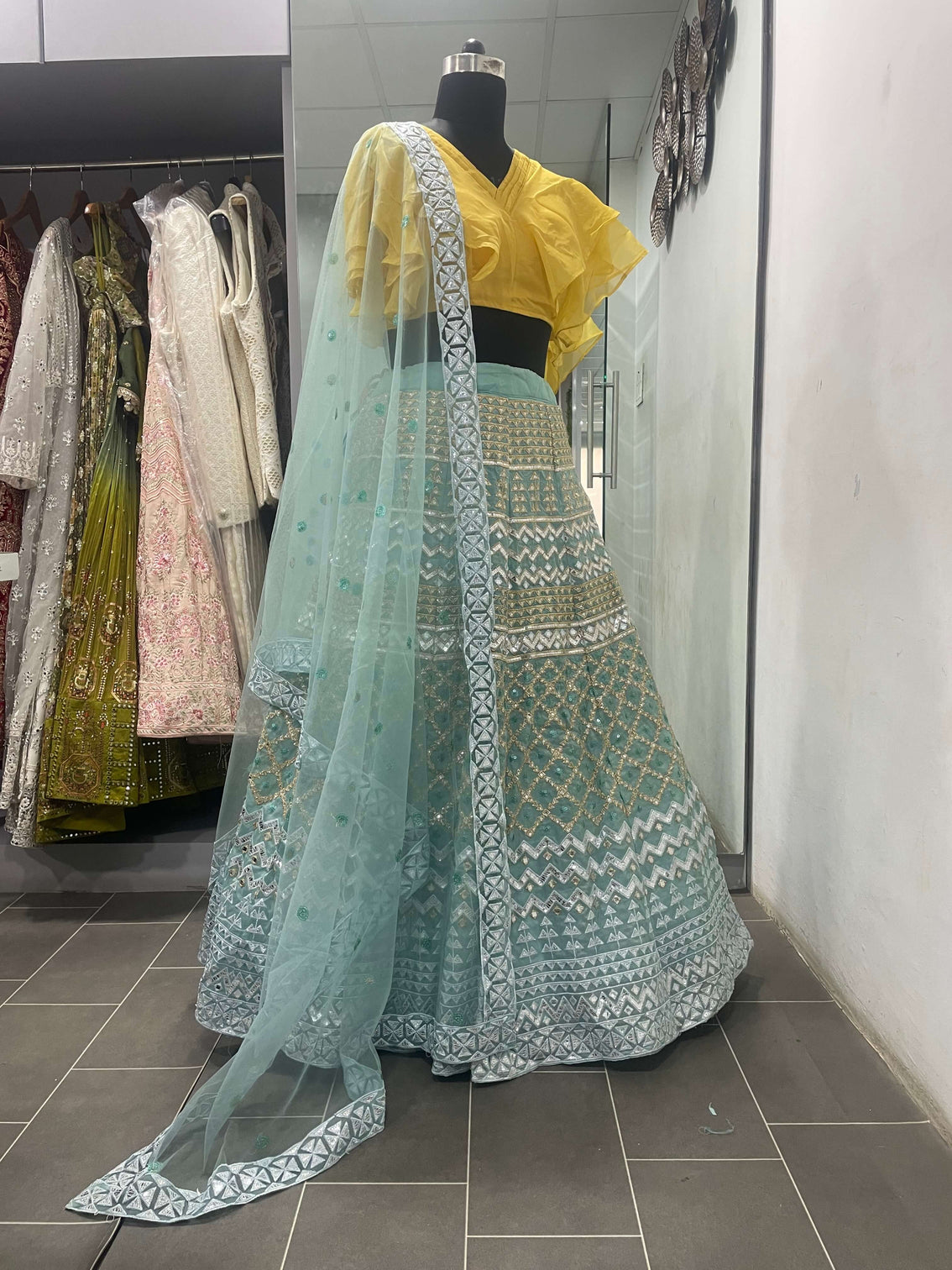 Turquoise Lehenga Choli in Organza With Thread And Sequence Work