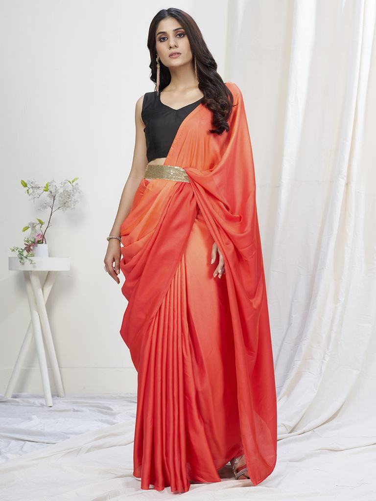 Two-Toned Red Lycra Based Saree with Black Blouse