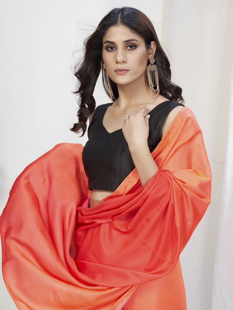 Two-Toned Red Lycra Based Saree with Black Blouse