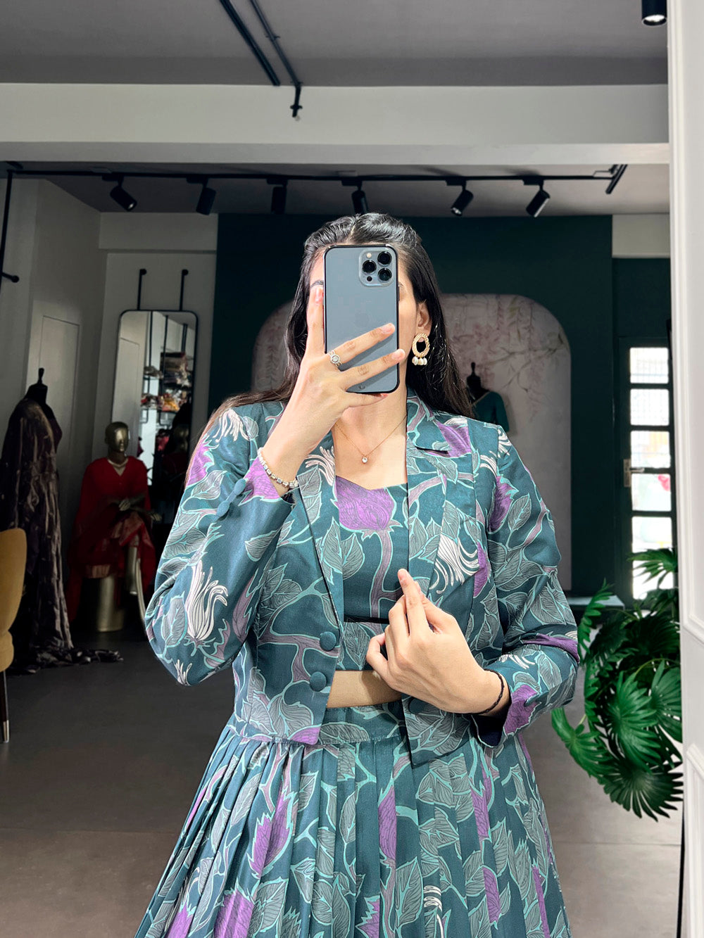 Teal blue color tasar silk co ord set
