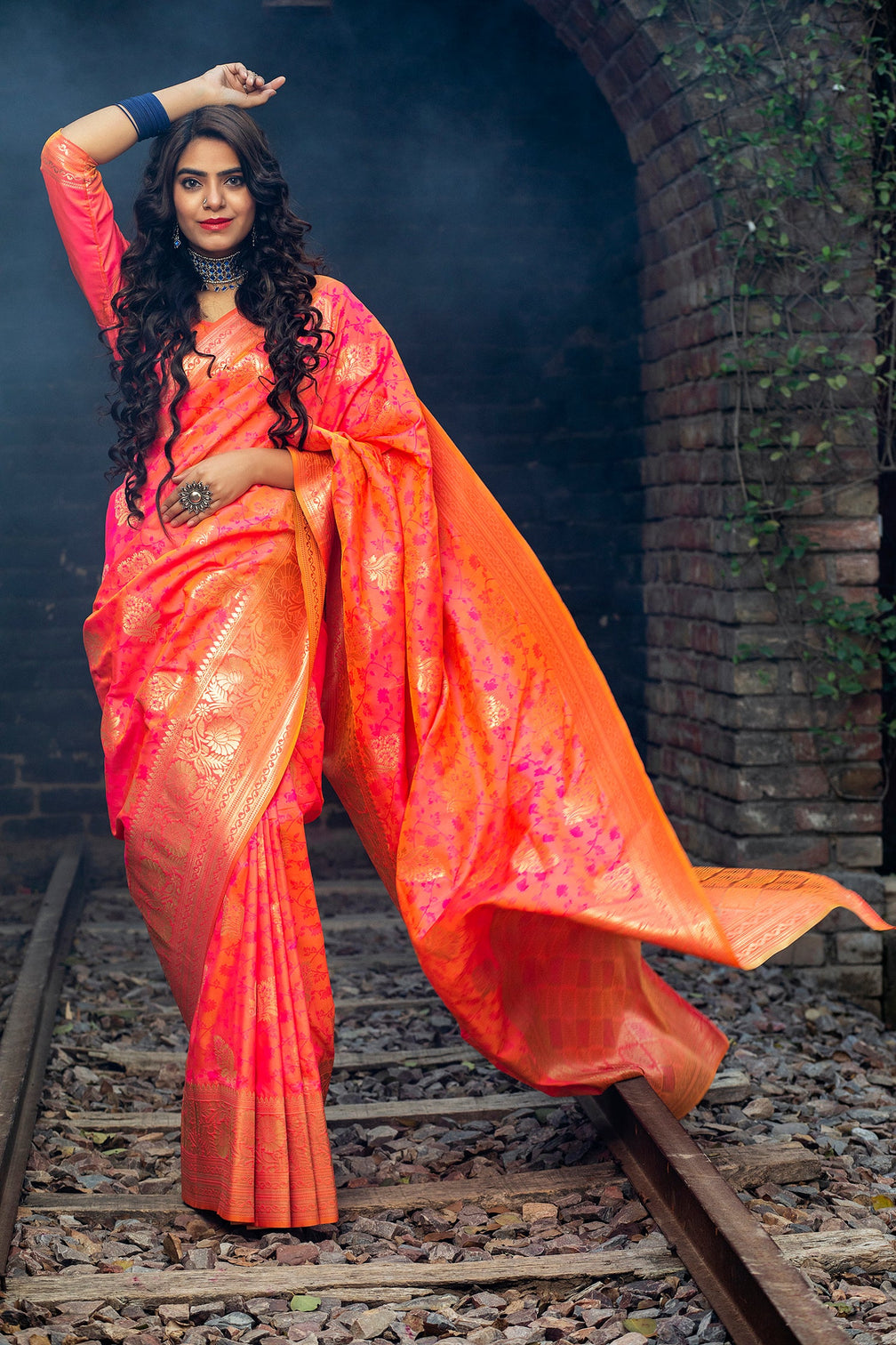 Two Tone Pink Colored Latest Designer Party Wear Maharani Silk Saree