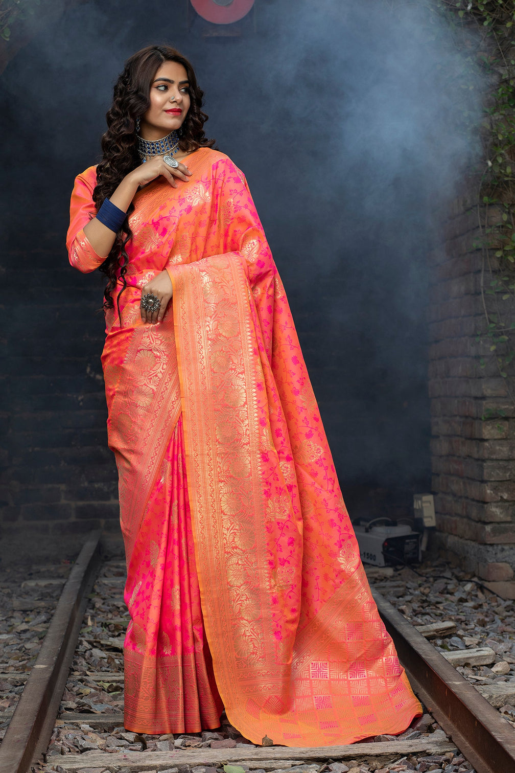 Two Tone Pink Colored Latest Designer Party Wear Maharani Silk Saree