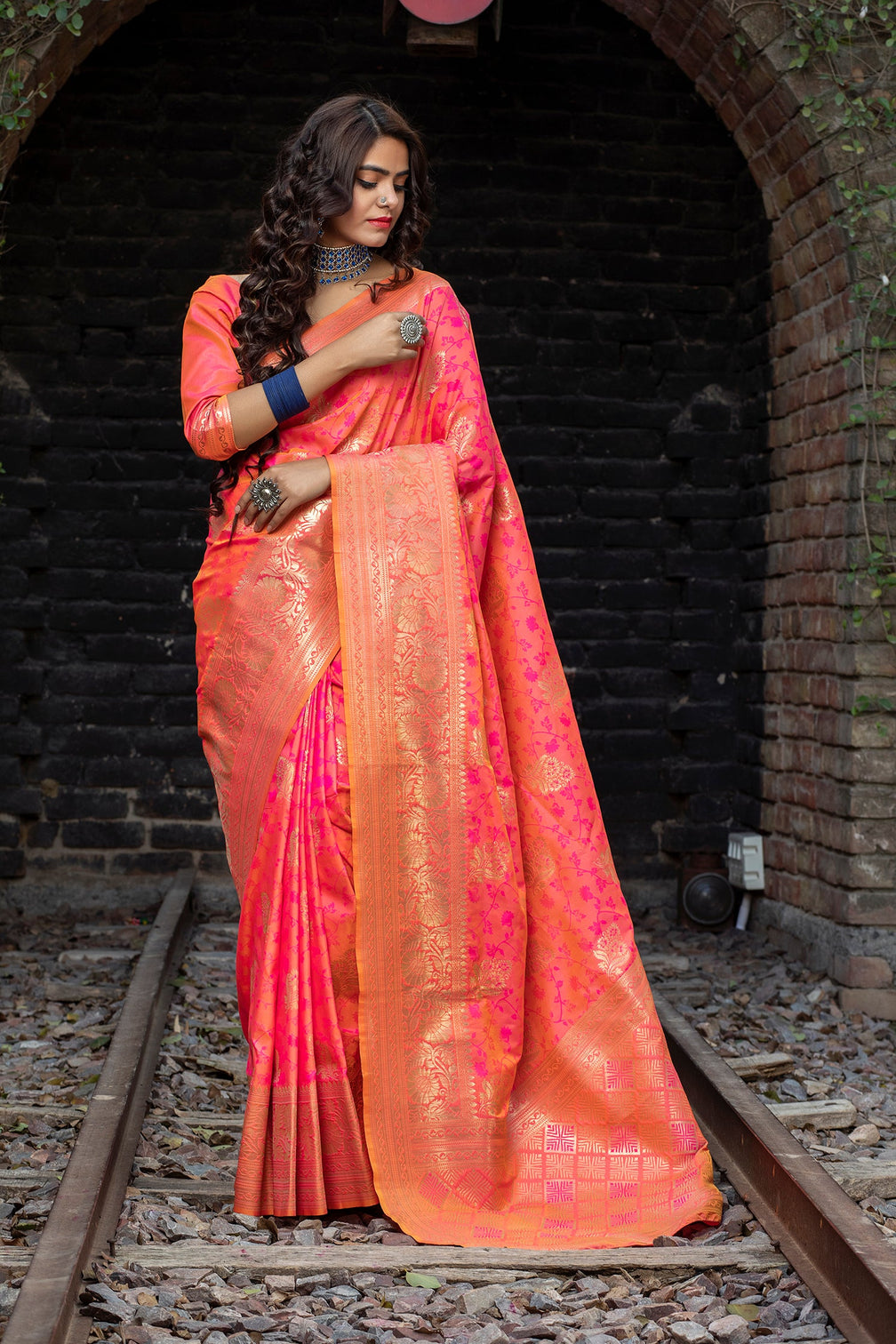 Two Tone Pink Colored Latest Designer Party Wear Maharani Silk Saree