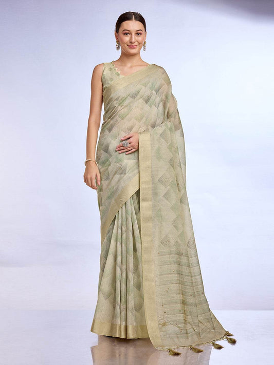 Green Tissue Linen Saree With Blouse Piece