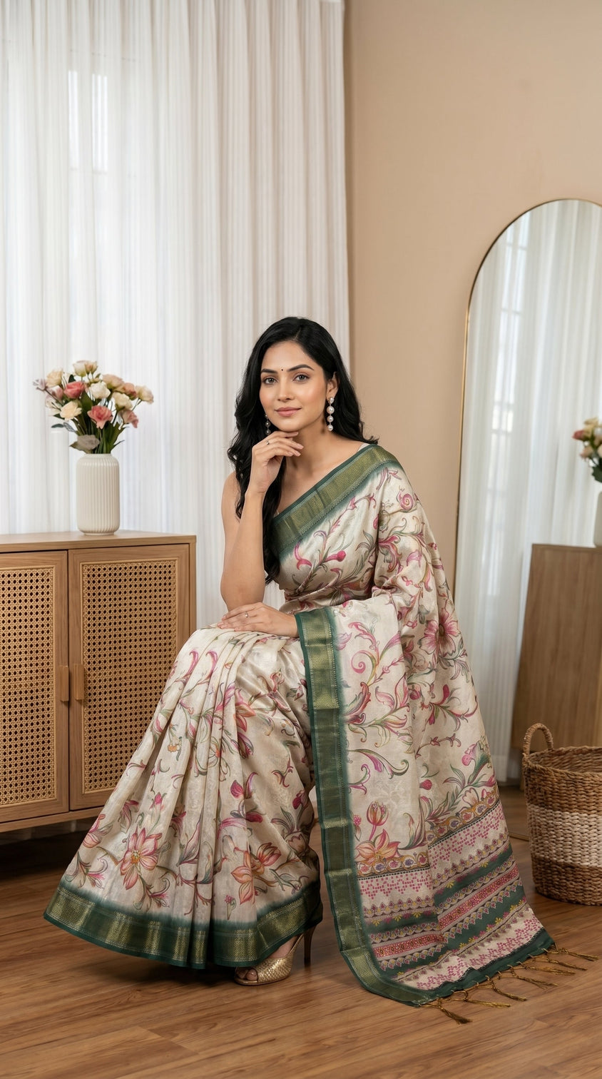 Off white tissue silk saree with floral print green zari border