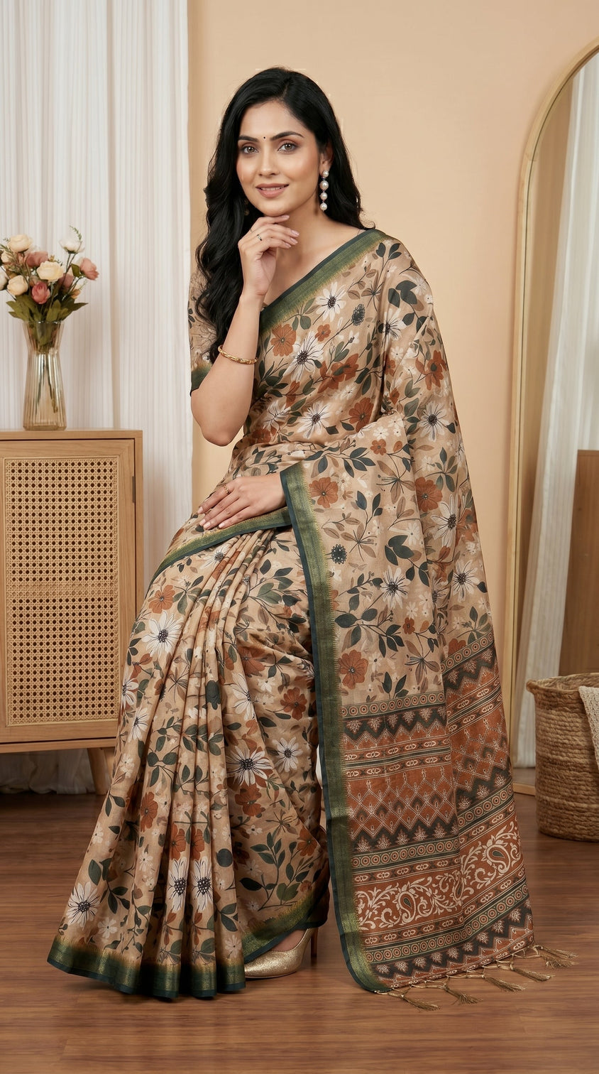 Beige floral tissue silk saree with olive green border designer pallu