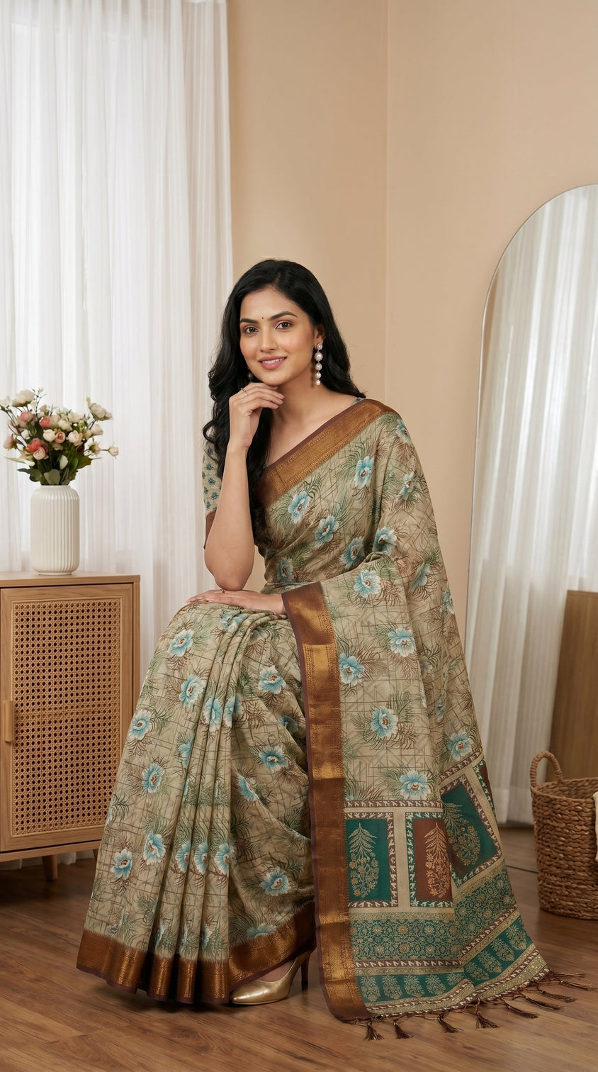 Beige aqua blue floral tissue saree with zari border and tassel pallu